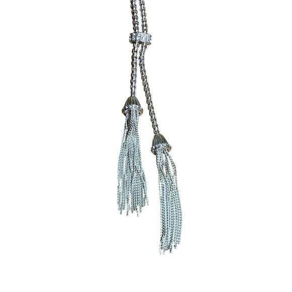 Silver Tone Lariat Style  w  Rhinestone Banded Tassels 20 1/2" Necklace - Picture 3 of 7